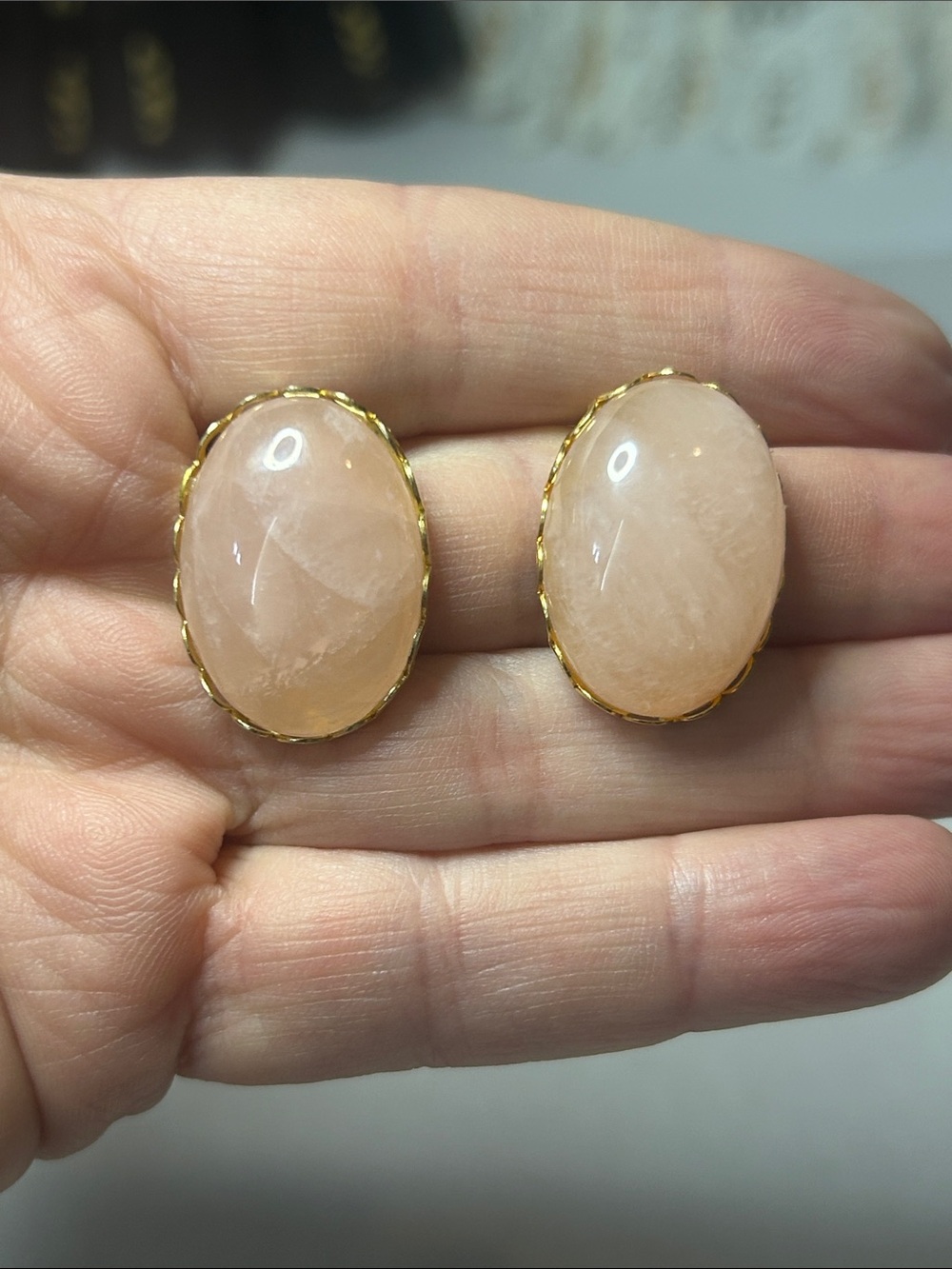 Gold-Trim Pink Oval Cabochon Clipon Earrings - Women Jewelry